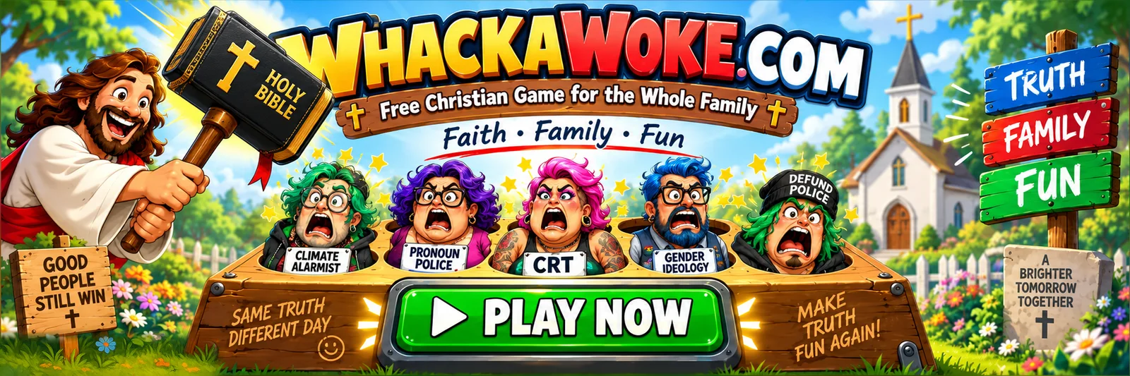 Whack-A-Woke — a free Christian arcade game for the whole family. Play now.