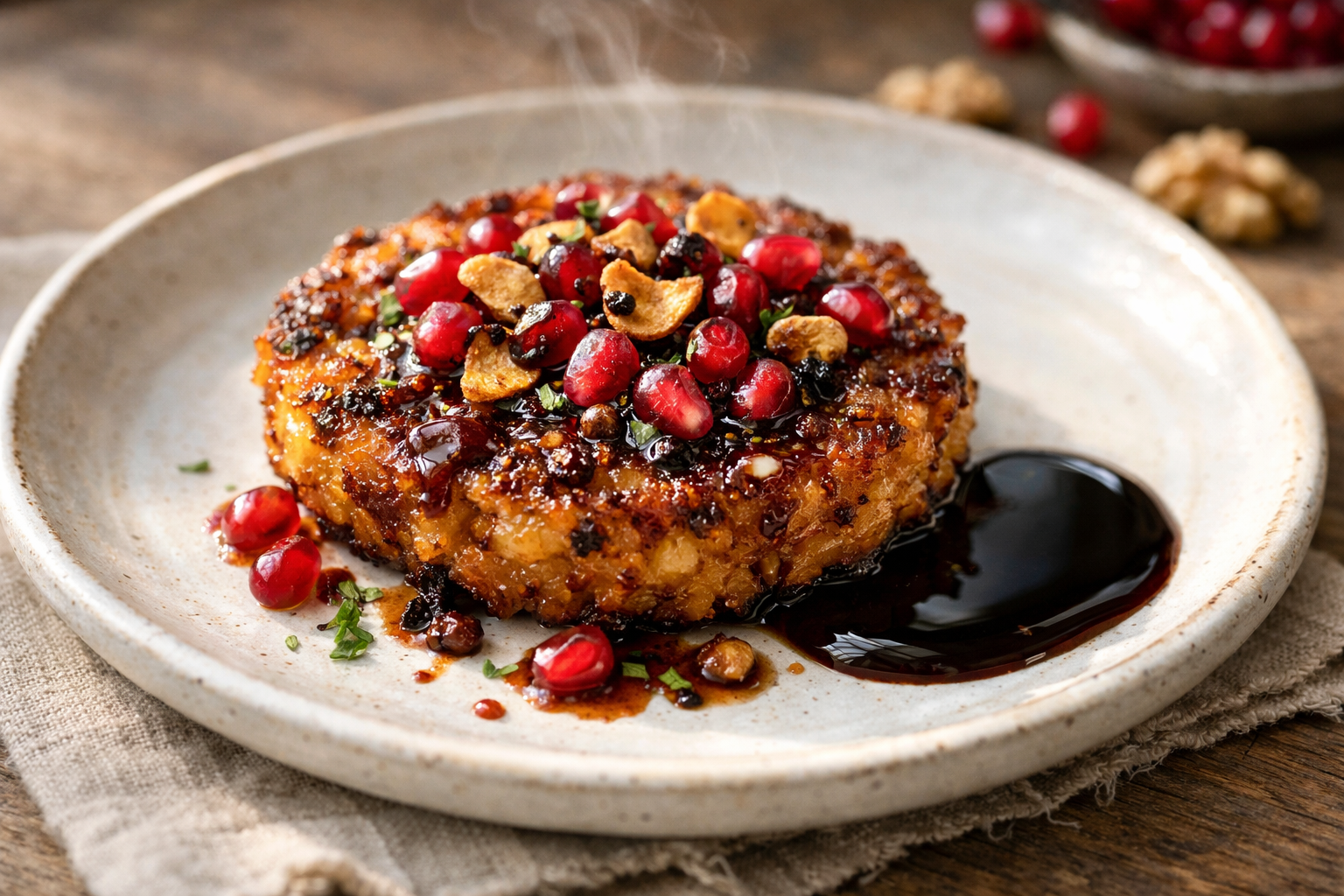 Burnt Chickpea & Tahini Fritter with Pomegranate-Walnut Molasses & Crispy Garlic