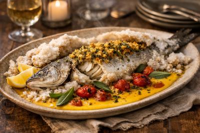 Whole Branzino en Croûte de Sel with Saffron Emulsion, Charred Tomato Confit & Crispy Sage Breadcrumb