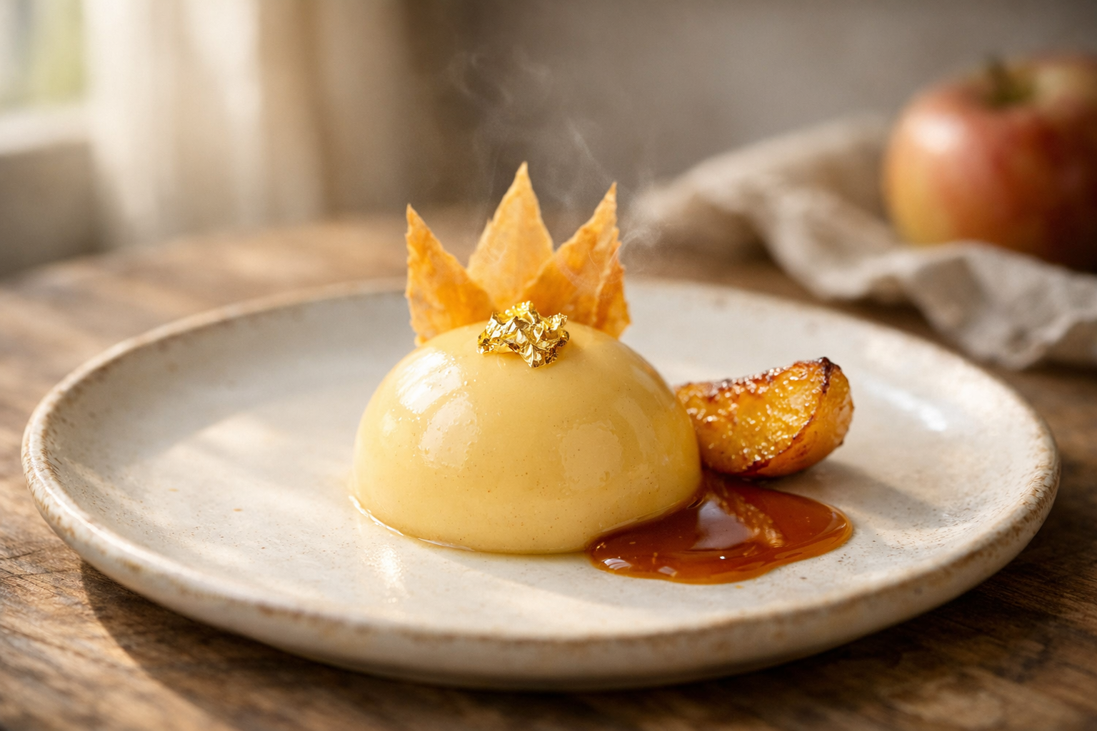Pastéis de Nata Deconstruction: Spiced Custard Dome with Crispy Phyllo Shards & Caramelized Apple