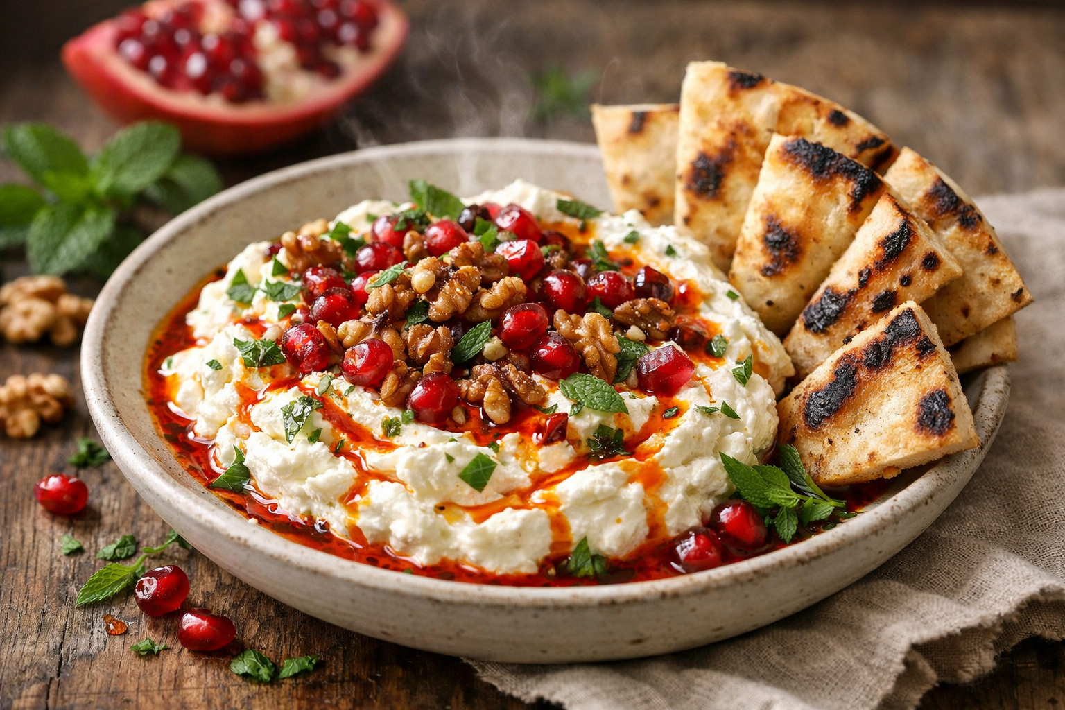 Whipped Feta, Walnut & Pomegranate Dip with Charred Bread