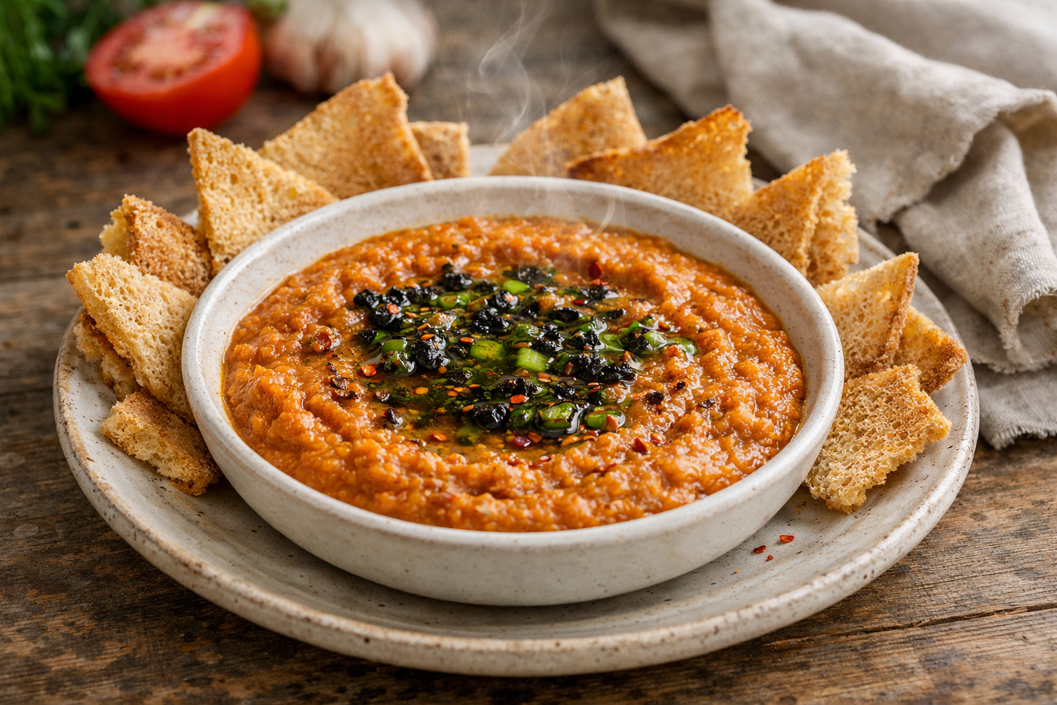 Injera Crisps with Spiced Lentil Dip & Charred Green Onion Oil