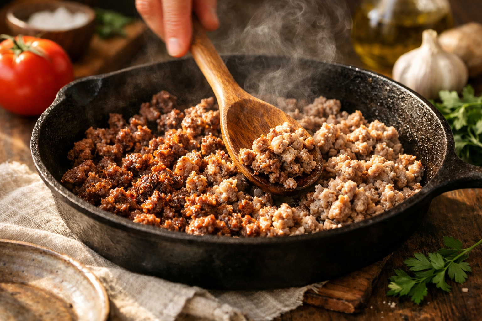 Ground meat loses its flavor the moment you stop breaking it apart