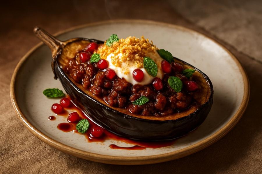 Karnıyarık Reinterpreted: Charred Eggplant Boat with Spiced Lamb, Burnt Garlic Paste & Whipped Yogurt Cloud