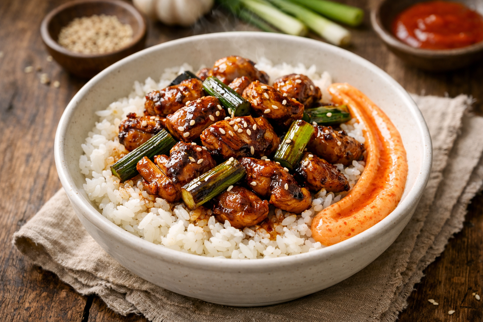 Yakitori Chicken Bowl with Charred Scallion & Sesame Rice