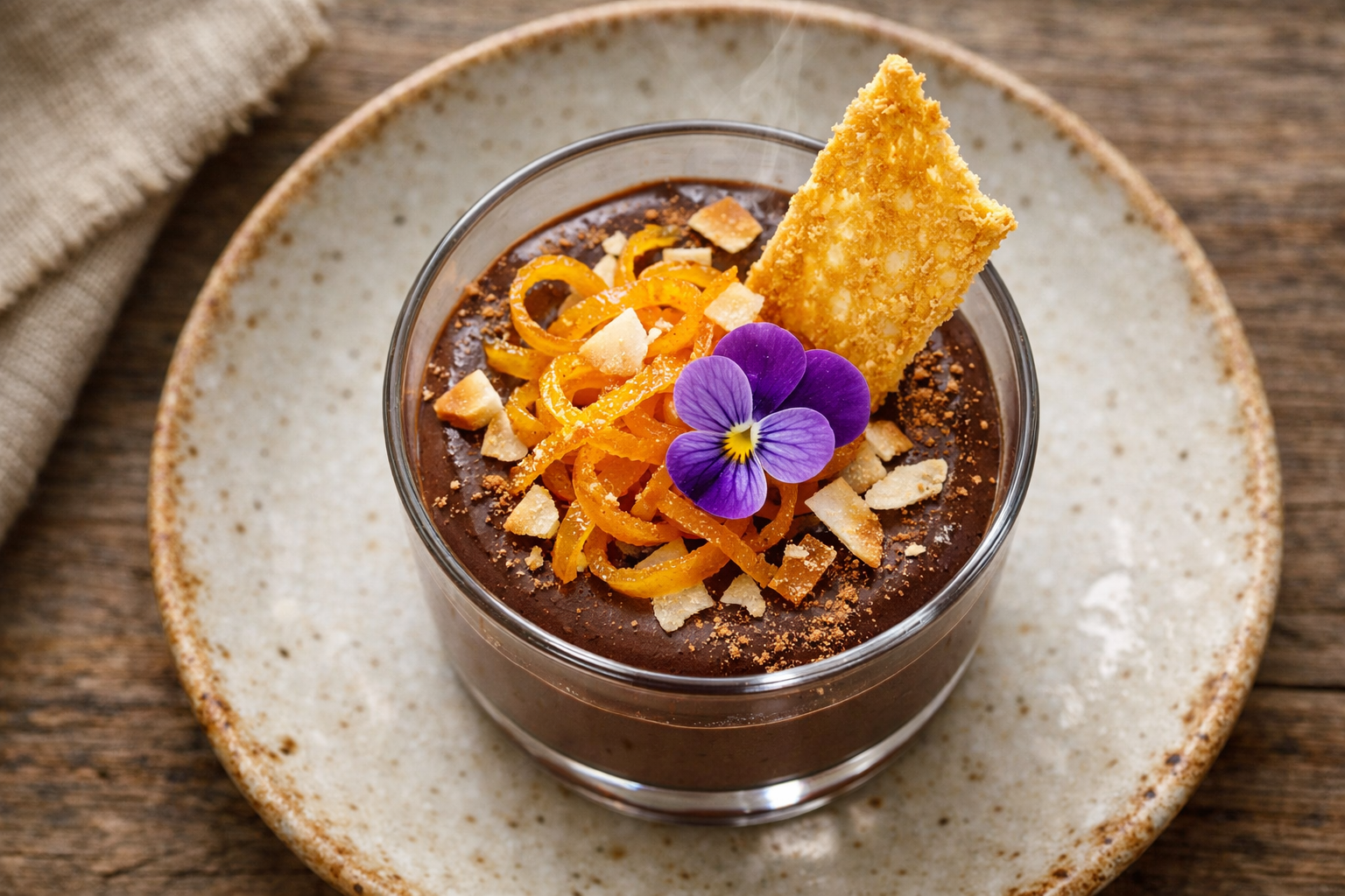 Brigadeiro Mousse with Candied Orange Zest, Toasted Coconut & Crispy Cassava Tuile