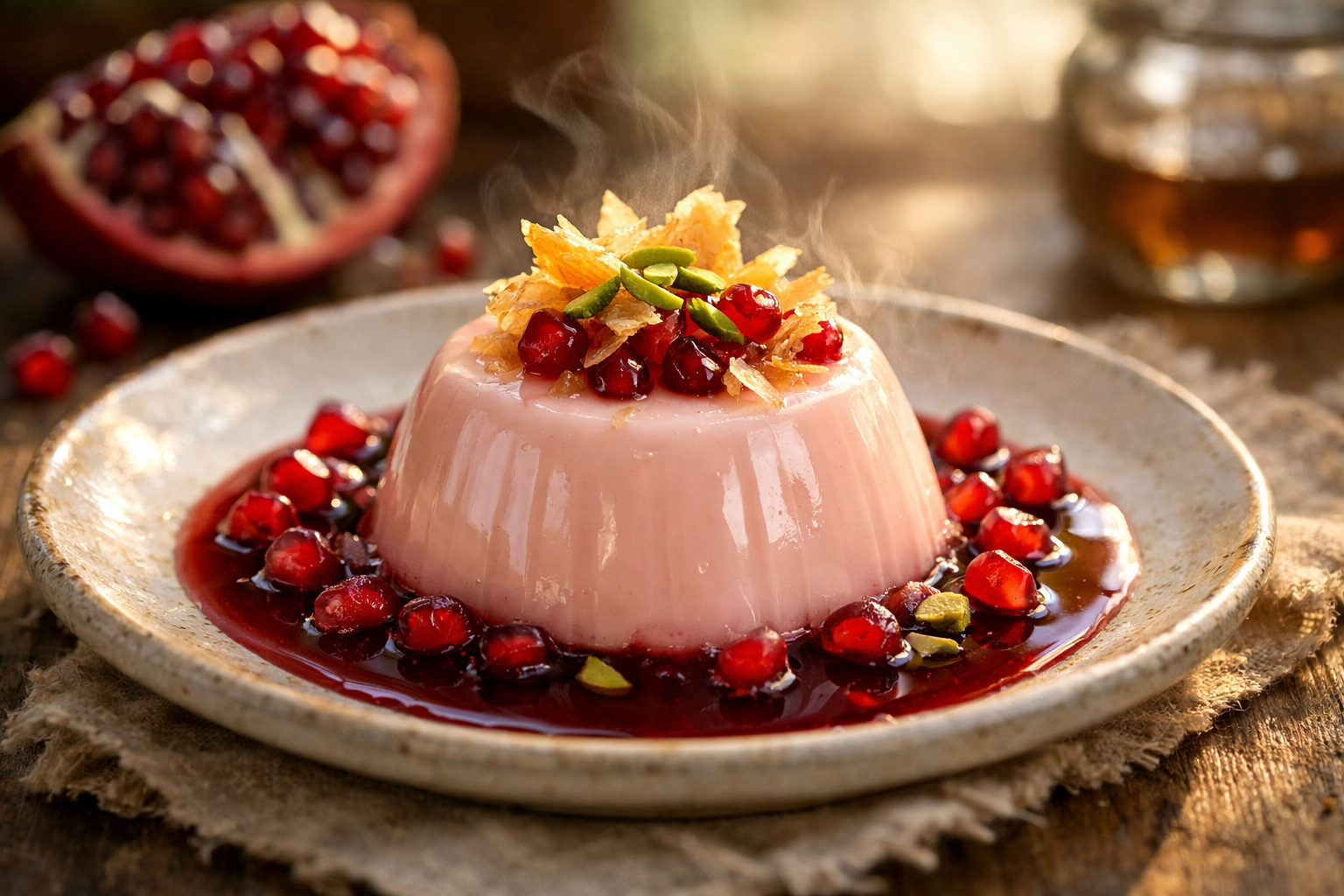 Rose & Pistachio Panna Cotta with Pomegranate Syrup & Crispy Phyllo