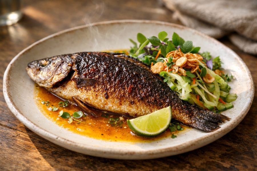 Cá Nướng—Pan-Seared Whole Black Seabass with Charred Lemongrass Emulsion, Crispy Shallots & Bitter Melon Slaw