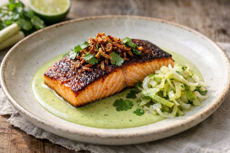 Cá Hồi Nướng Xã Thơm—Pan-Roasted Salmon with Charred Lemongrass Emulsion, Crispy Shallots & Bitter Melon Slaw
