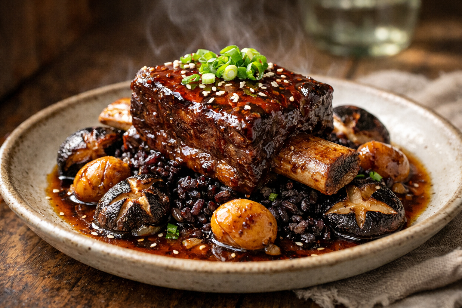 Pan-Seared Galbi-Glazed Short Rib with Shiitake, Chestnut & Jeotgal-Miso Rice