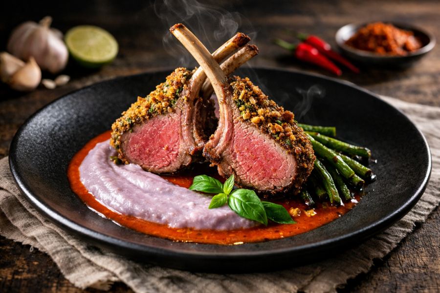 Panang-Crusted Rack of Lamb with Silky Taro-Coconut Purée, Blistered Long Beans & Peanut-Makrut Crumble