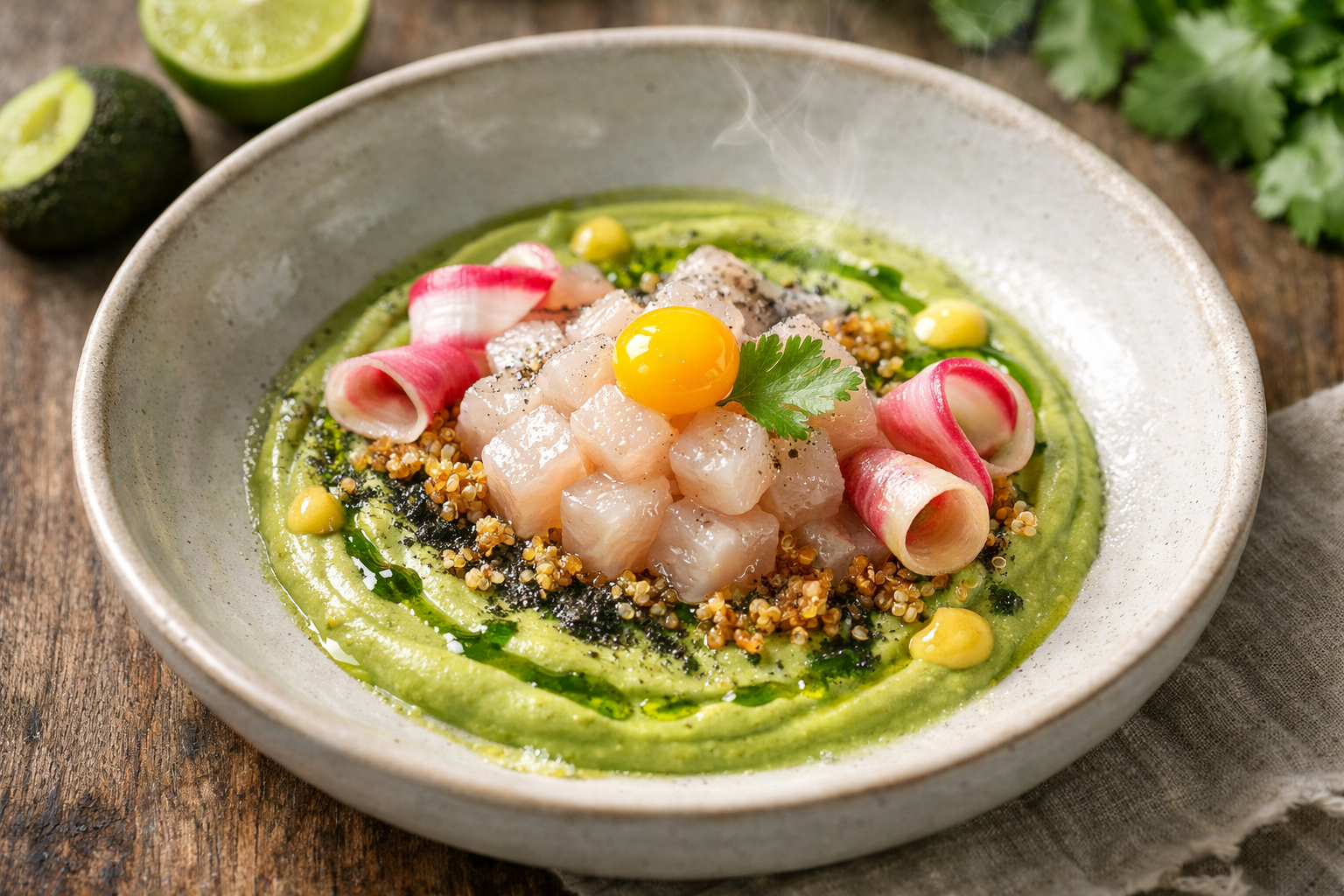 Ceviche Nikkei: Striped Bass, Yuzu-Ajisai, Crispy Quinoa & Avocado Emulsion