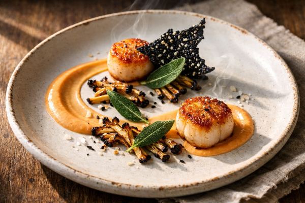 Seared Scallop & Burnt Orange Emulsion with Charred Enoki Mushrooms, Crispy Sage & Black Sesame Brittle