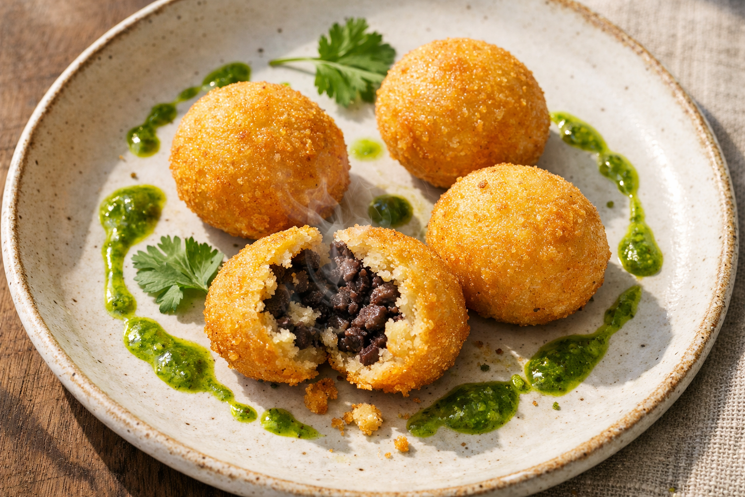 Crispy Masa & Black Bean Bonbons with Charred Serrano-Lime Emulsion