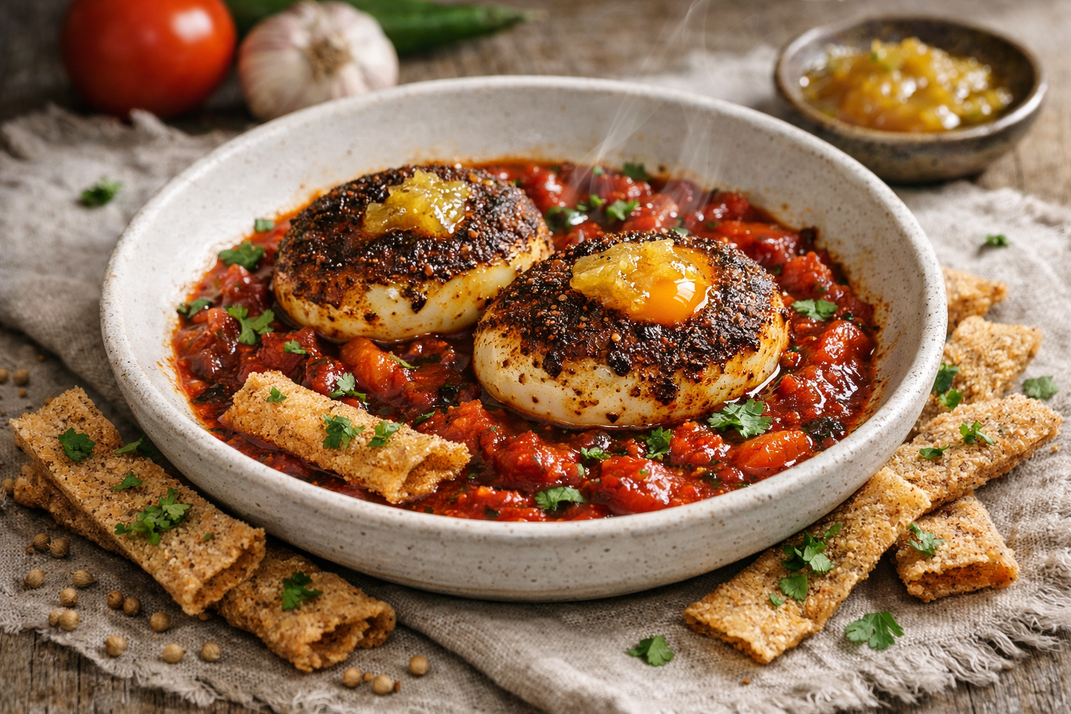 Berbere-Crusted Eggs with Charred Tomato & Injera Crisp
