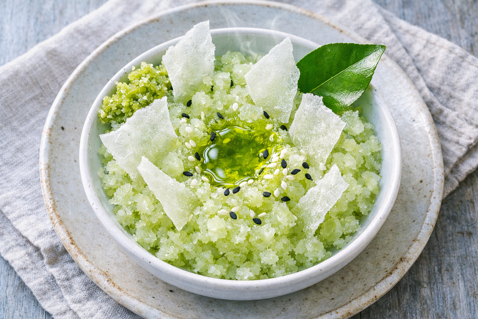 Charred Green Mango Granita with Crispy Rice Paper, Lime Leaf Oil & Toasted Sesame