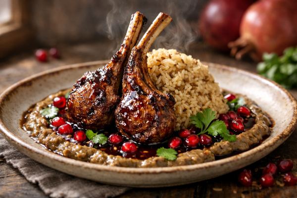 Pan-Seared Lamb Chops with Black Cardamom & Pomegranate Gastrique, Charred Eggplant Purée & Toasted Cumin Rice