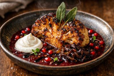 Whole Roasted Cauliflower Steak with Pomegranate-Walnut Sauce, Charred Onion & Pomegranate Molasses Caramel