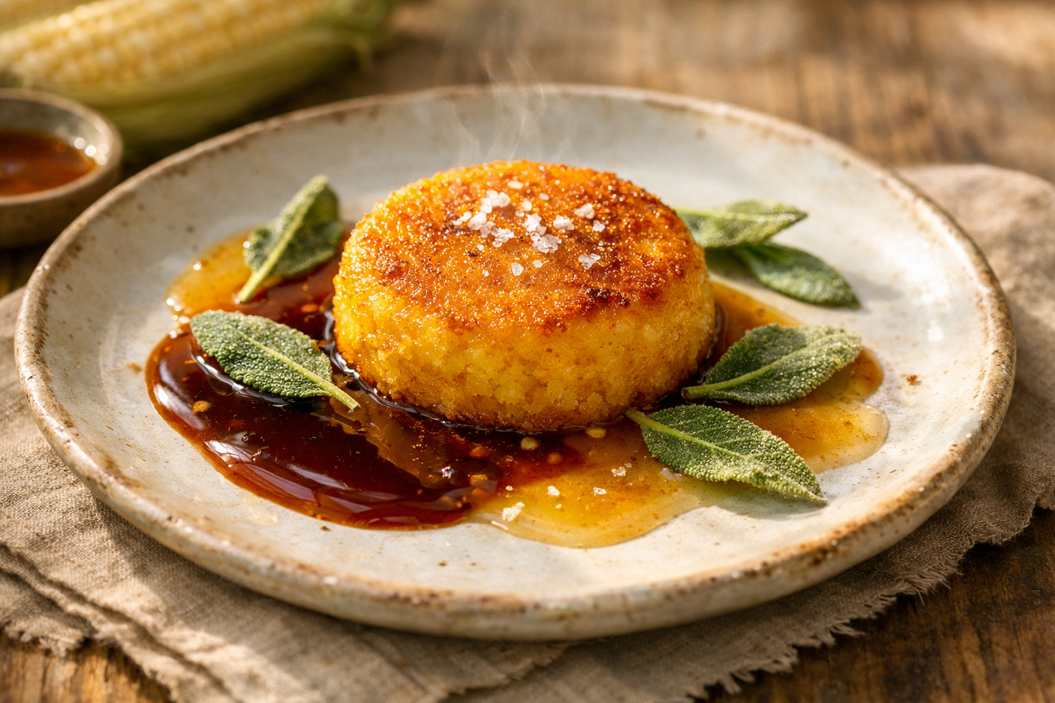 Doenjang & Burnt Honey Sautéed Corn Cake with Crispy Sage