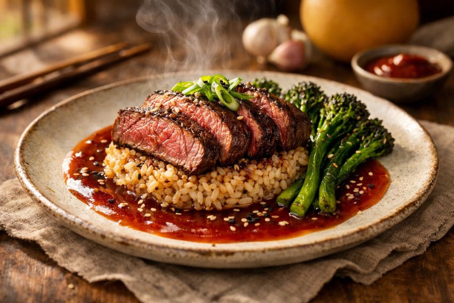 Pan-Seared Beef Ribeye with Korean Pear-Gochujang Sauce, Charred Broccolini & Toasted Sesame Miso Rice