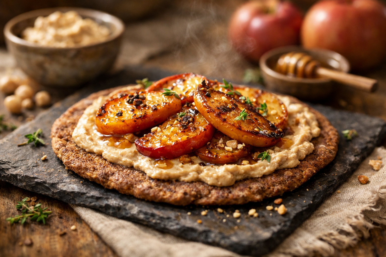 Crispy Teff Flatbread with Spiced Chickpea Butter & Charred Apple Slices