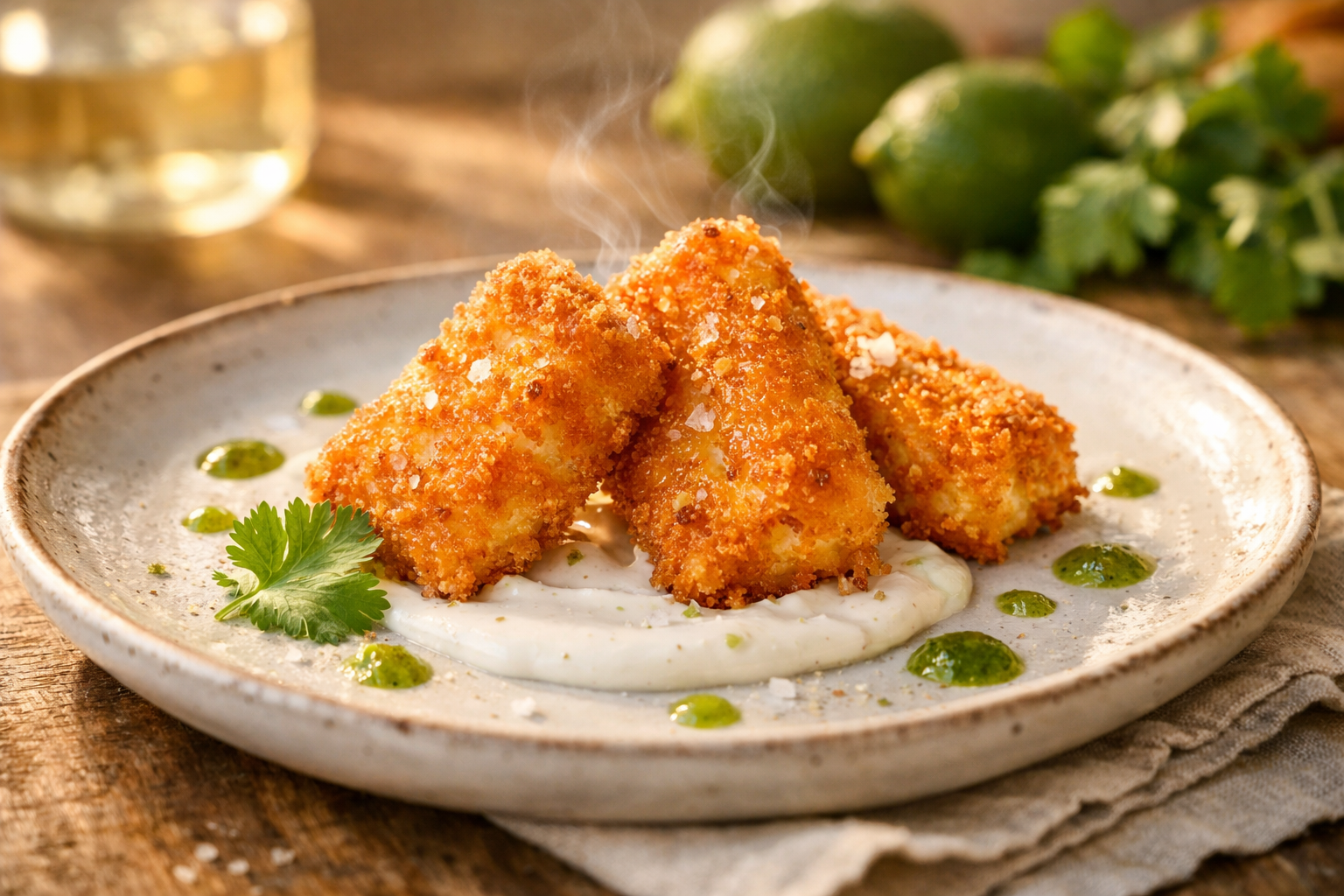 Crispy Halloumi Fritters with Charred Lime Crema & Roasted Serrano Salsa