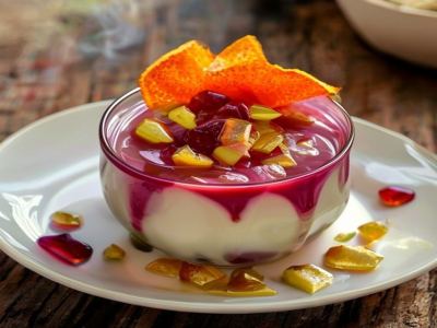 Orange Blossom & Pistachio Panna Cotta with Candied Blood Orange Peel, Pomegranate Syrup & Toasted Pistachio Brittle