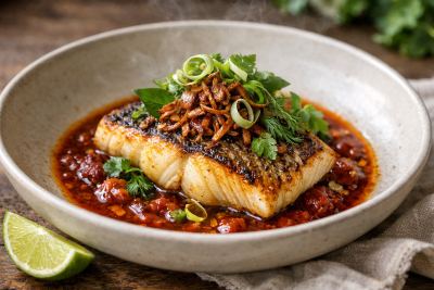 Cá Nối Nương Với Sốt Cà Chua & Nhân Hành – Pan-Seared Striped Bass with Charred Tomato Sauce & Crispy Shallot Garnish