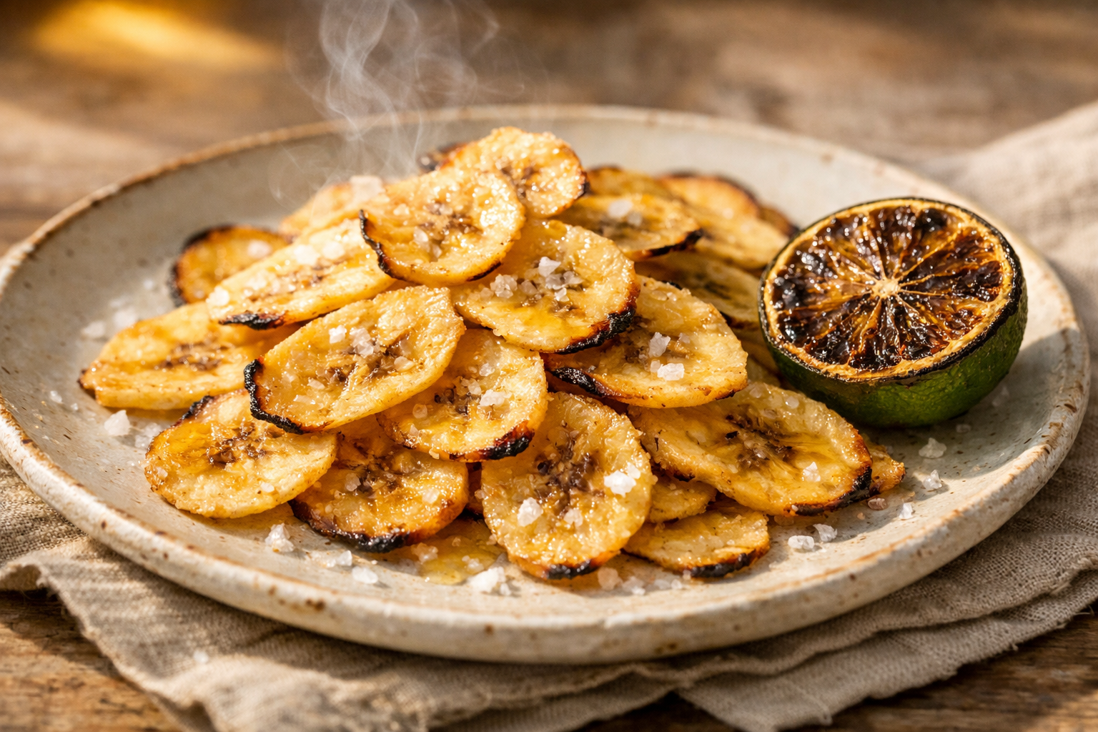 Roasted Green Banana Chips with Charred Lime & Maldon Salt