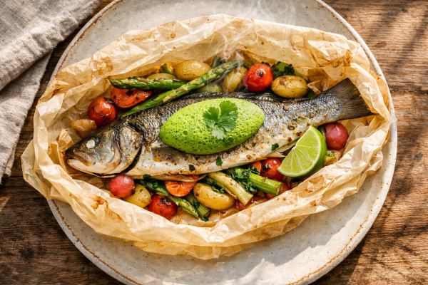 Pan-Seared Branzino en Papillote with Charred Tomatillo Salsa Verde, Roasted Spring Vegetables & Cilantro Foam