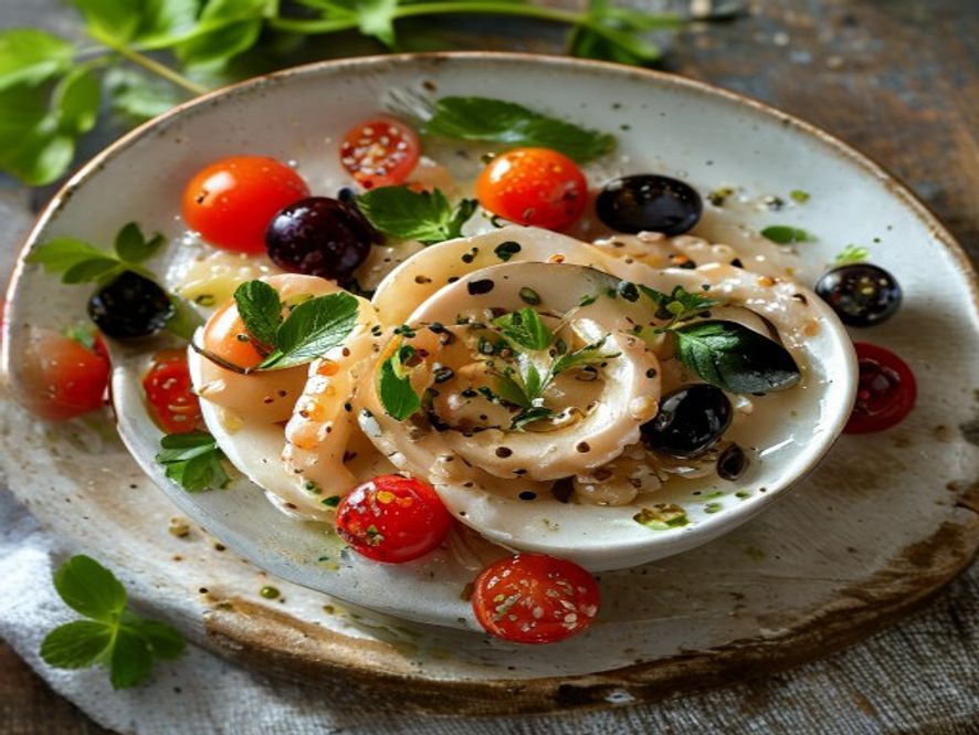 Farro Salad with Grilled Squid, Cherry Tomato & Black Olive Vinaigrette