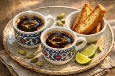 Ethiopian Coffee Ritual: Spiced Cardamom-Clove Brew with Roasted Barley Biscotti & Lime-Honey Drizzle
