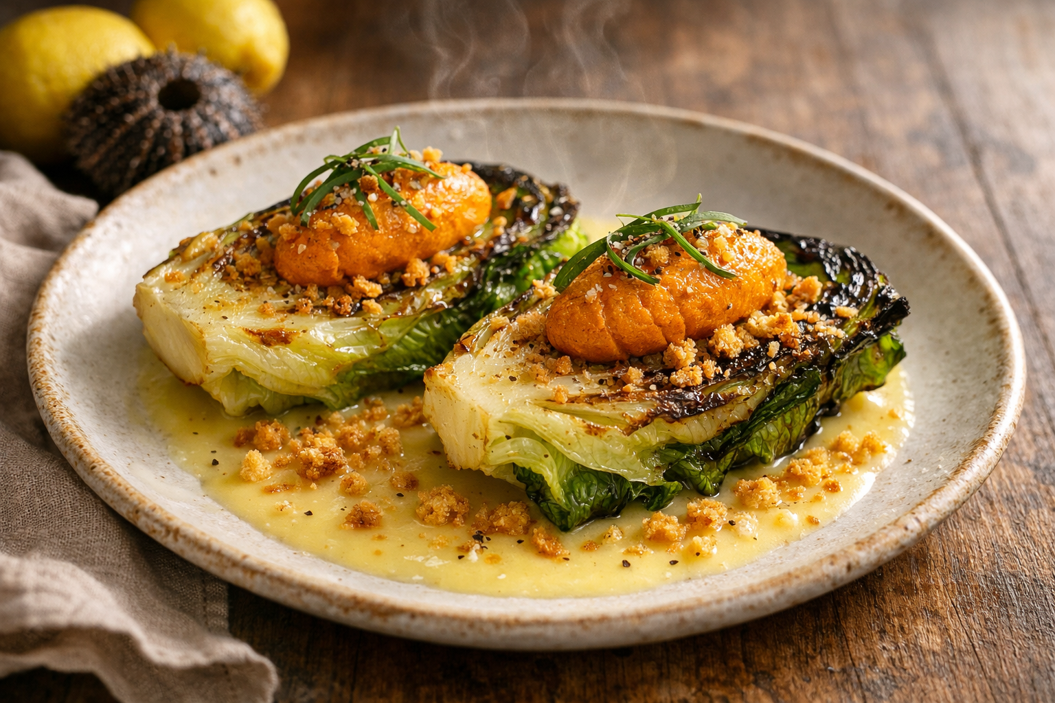 Charred Little Gem Lettuce Salad with Uni, Toasted Breadcrumbs & Lemon Beurre Blanc