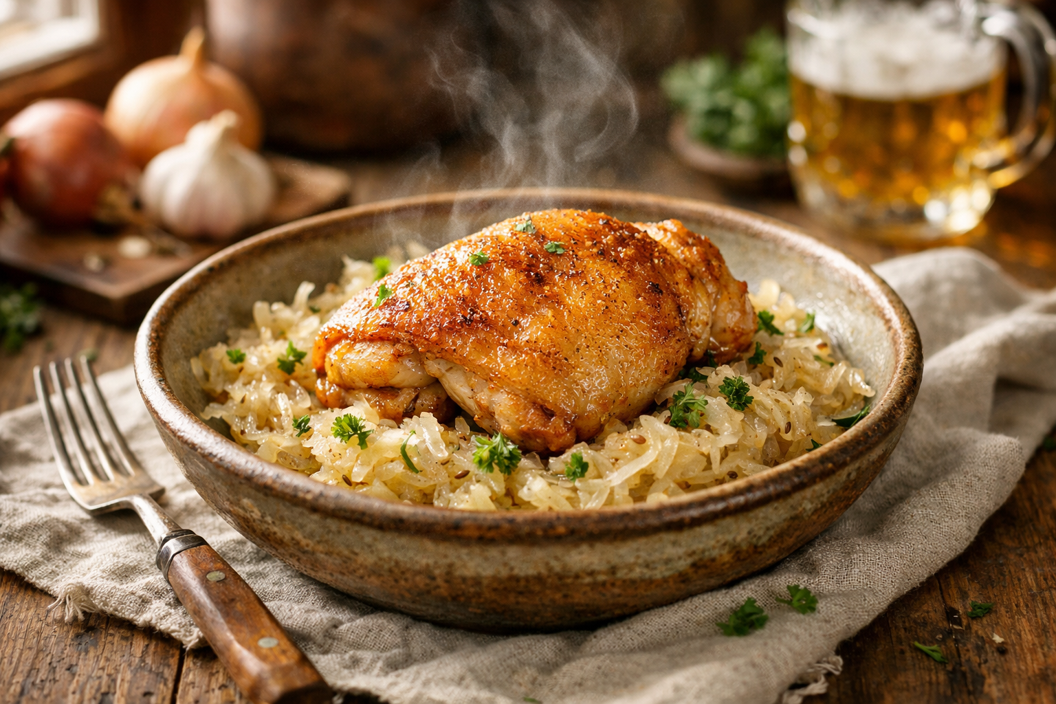 Pan-Seared Chicken Thigh & Crispy Sauerkraut with Caraway
