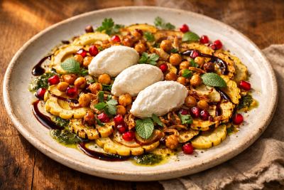 Charred Delicata Squash Crudo with Pomegranate Molasses, Crispy Chickpeas & Whipped Labne with Za'atar Oil