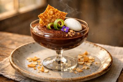 Dark Chocolate & Burnt Black Garlic Mousse with Crispy Miso Wafer, Candied Lime Peel & Toasted Coconut Foam