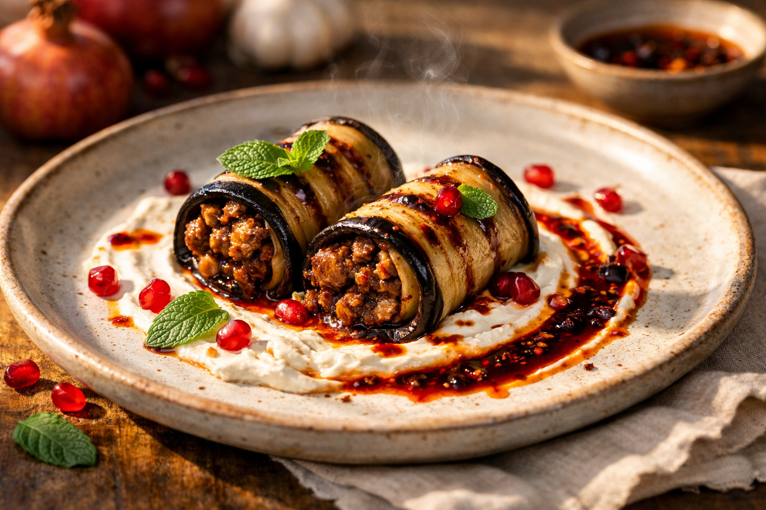 Crispy Eggplant Rolls with Spiced Lamb, Burnt Chili & Labneh