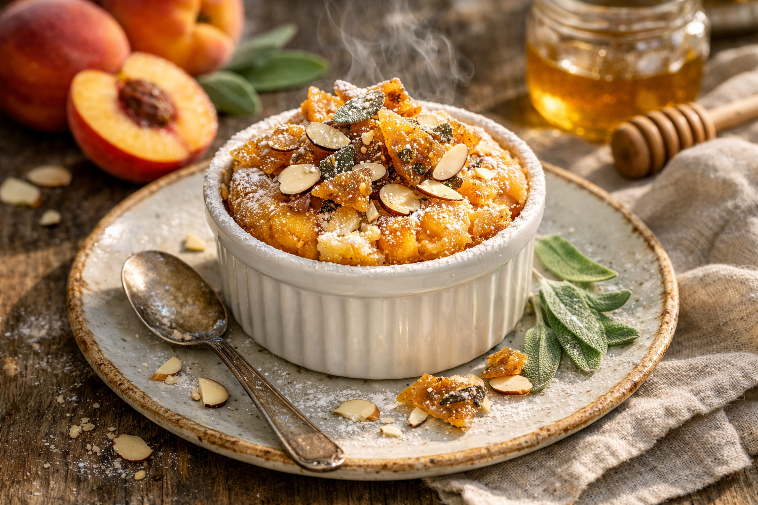 Brown Butter Peach Cake with Crispy Sage Brittle