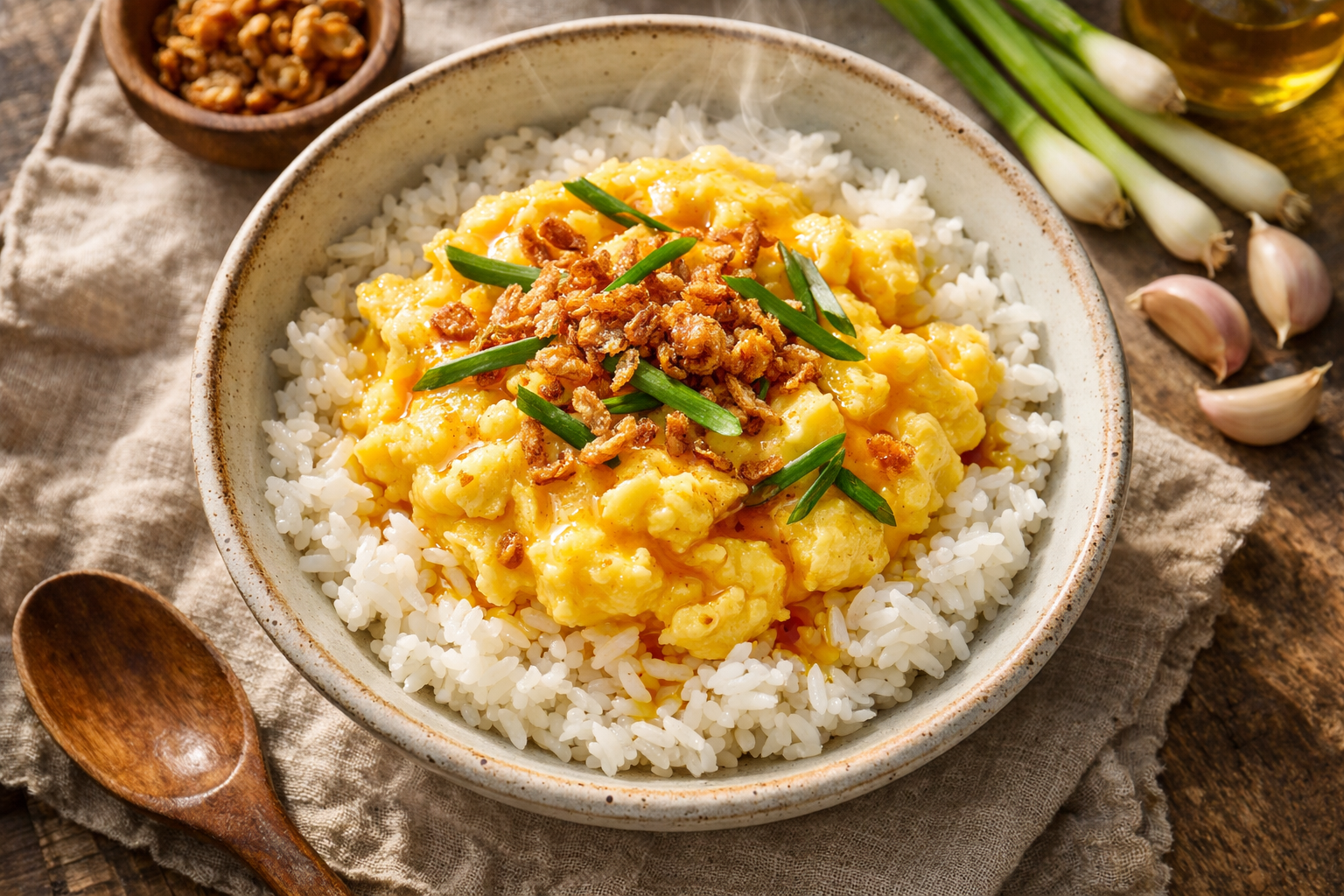 Calamansi & Sesame Soft Scramble with Crispy Shallot Oil