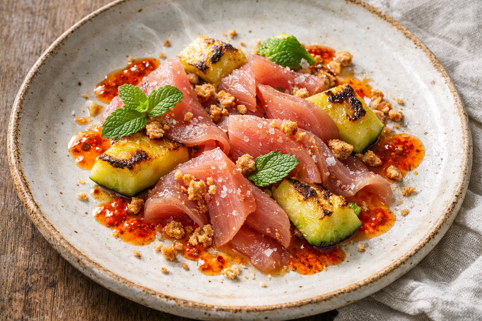 Ventresca di Tonno Affumicato, Melone Tostato e Olio di Peperoncino