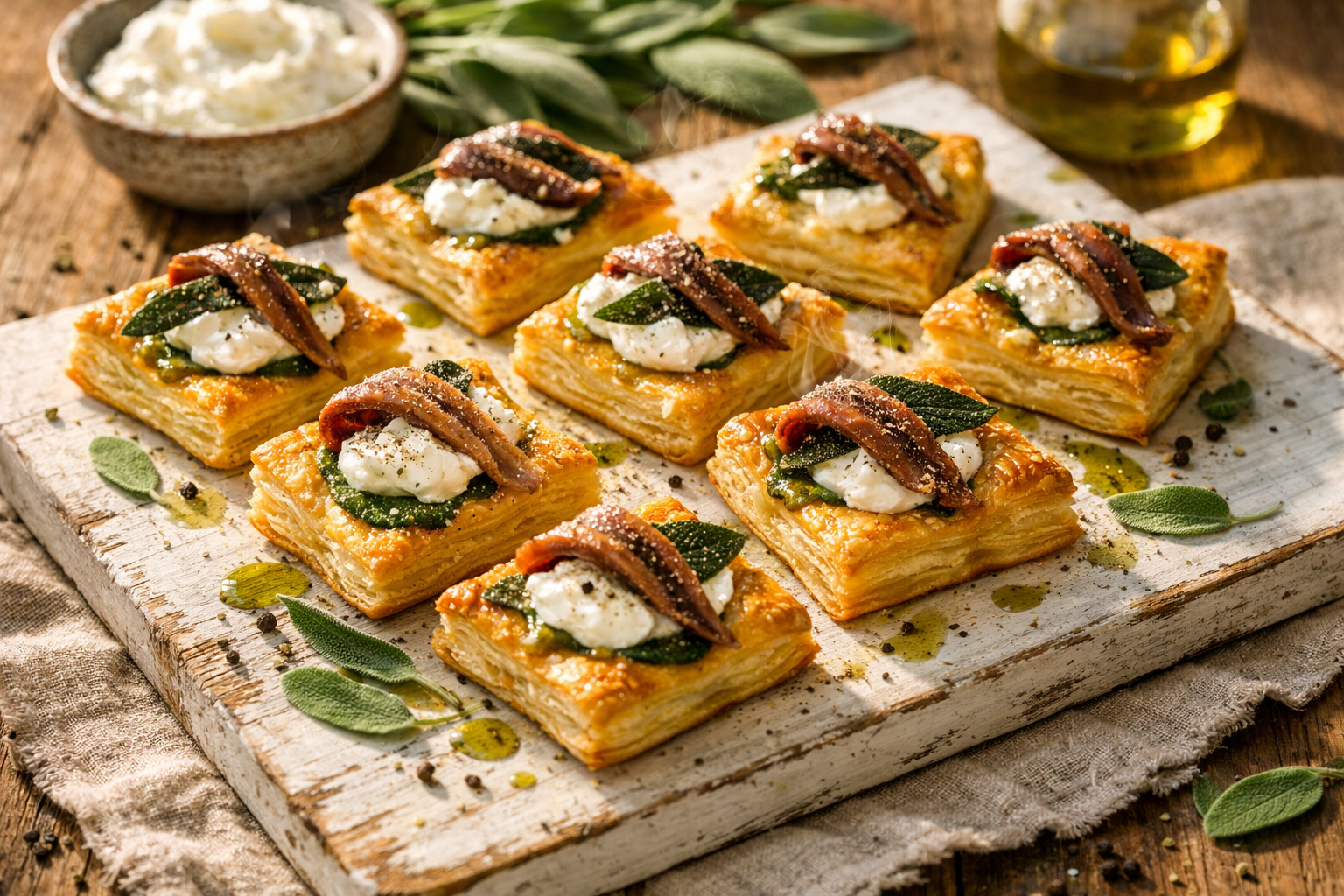 Crispy Sage & Anchovy Puff Pastry Crackers with Whipped Ricotta & Preserved Lemon