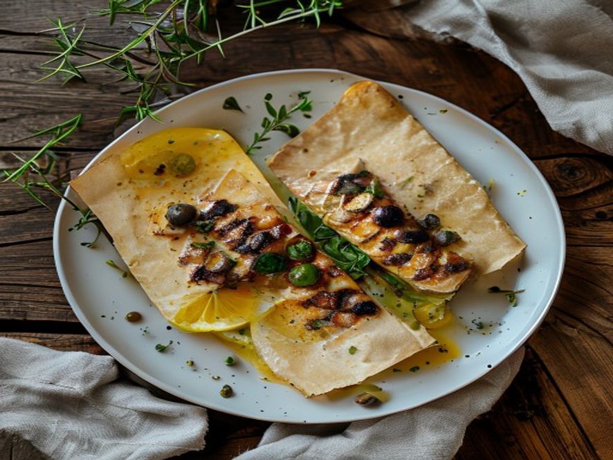 Za'atar & Sumac Branzino en Papillote with Charred Lemon & Green Olives