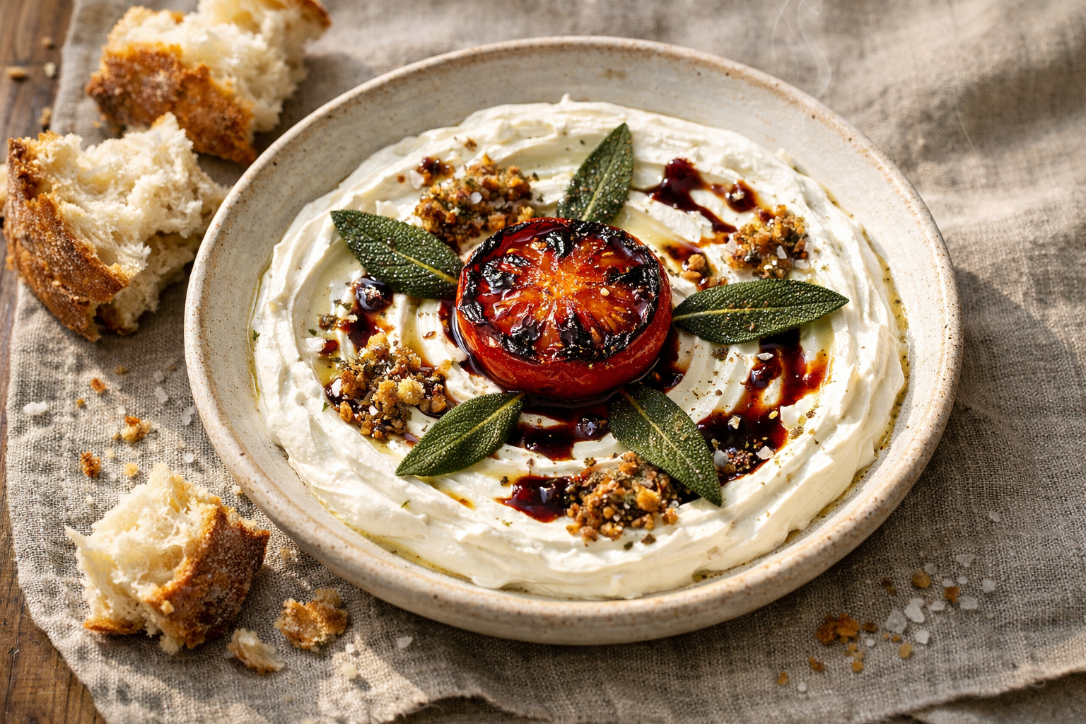 Whipped Labneh Nest with Charred Tomato Confit, Crispy Sage Oil & Aleppo Pepper