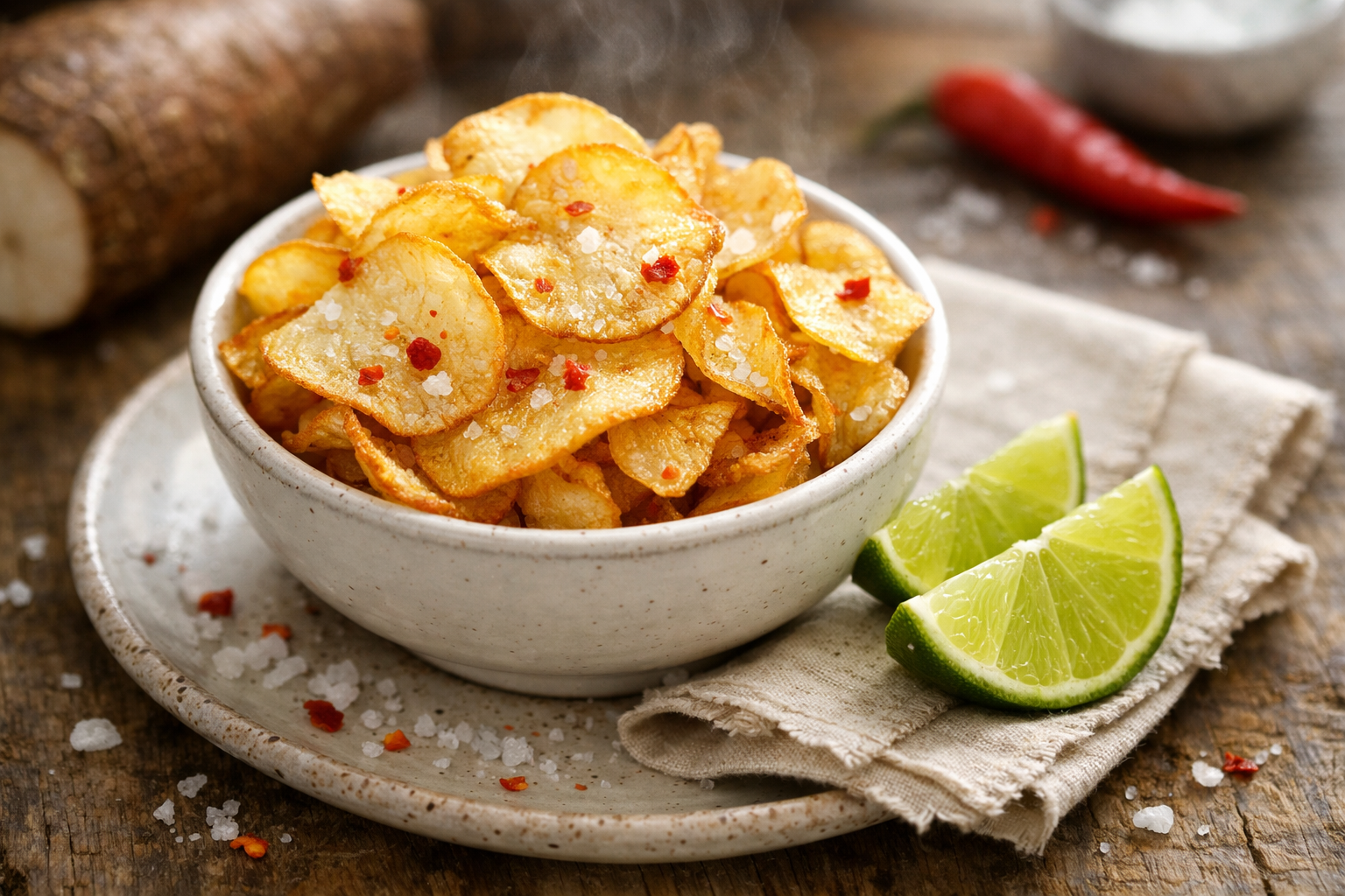 Crispy Salted Cassava Rounds with Lime & Chili