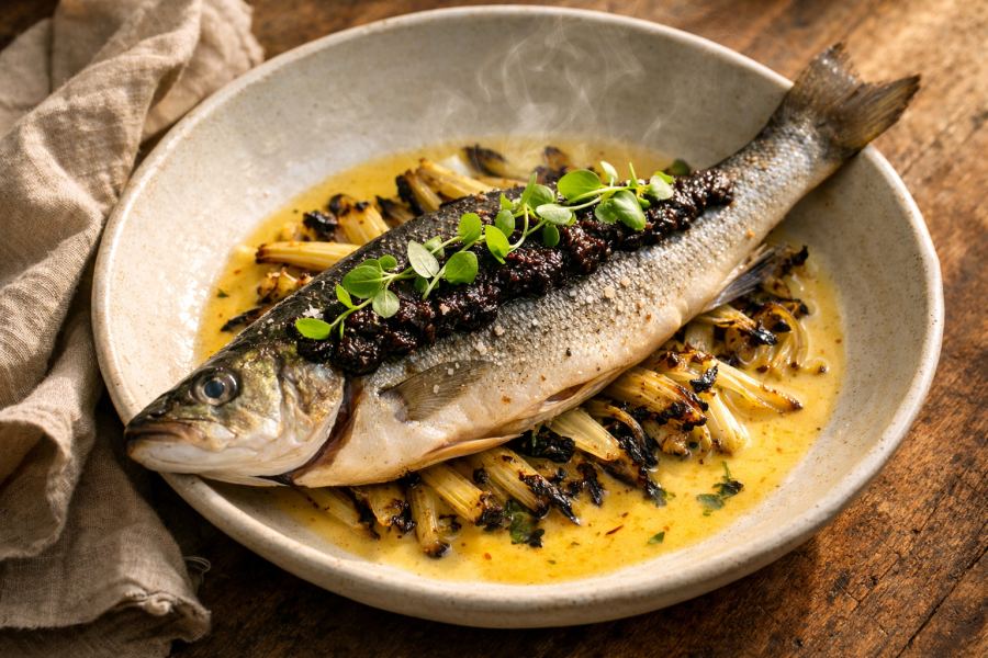 Herb-Roasted Whole Branzino en Papillote with Charred Fennel, Black Olive Tapenade & Saffron Beurre Blanc