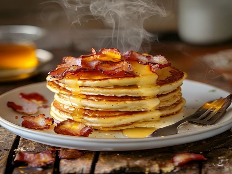 Buttermilk Pancakes with Crispy Bacon & Maple Butter