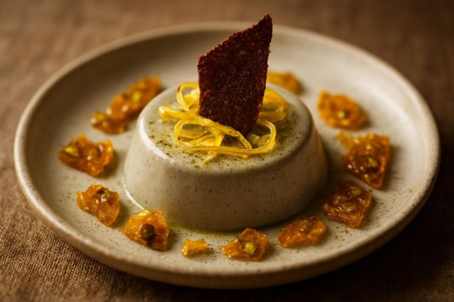 Burnt Honey & Black Sesame Panna Cotta with Crispy Miso Tuile, Candied Lemon Peel & Roasted Pistachio Brittle