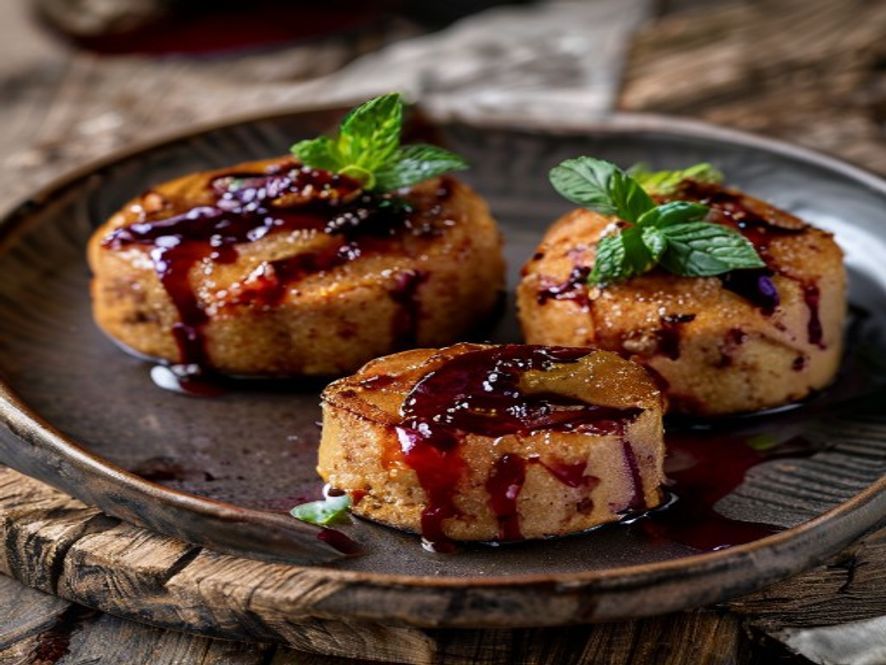 Crispy Freekeh Cakes with Charred Eggplant Purée & Pomegranate Molasses Oil