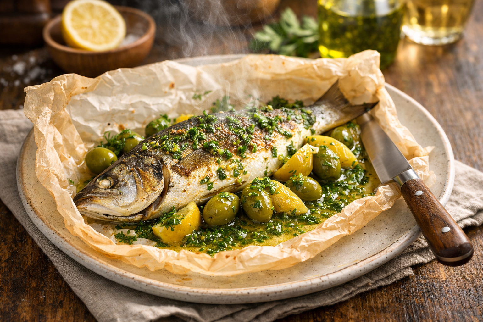 Pan-Seared Branzino en Papillote with Preserved Lemon, Green Olives & Herb Oil