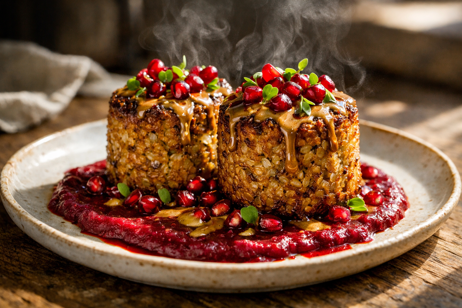 Crispy Freekeh Cakes with Beet Purée & Pomegranate-Tahini Glaze